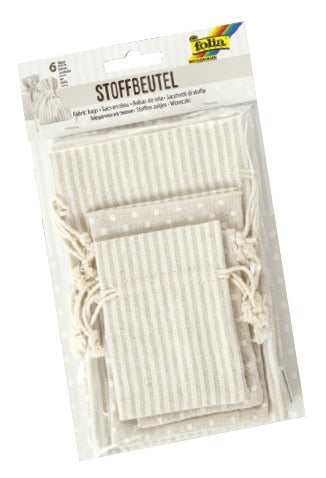 Folia Geschenkbeutel – Punkte und Streifen, Beige – Baumwolle – 6 Stk.