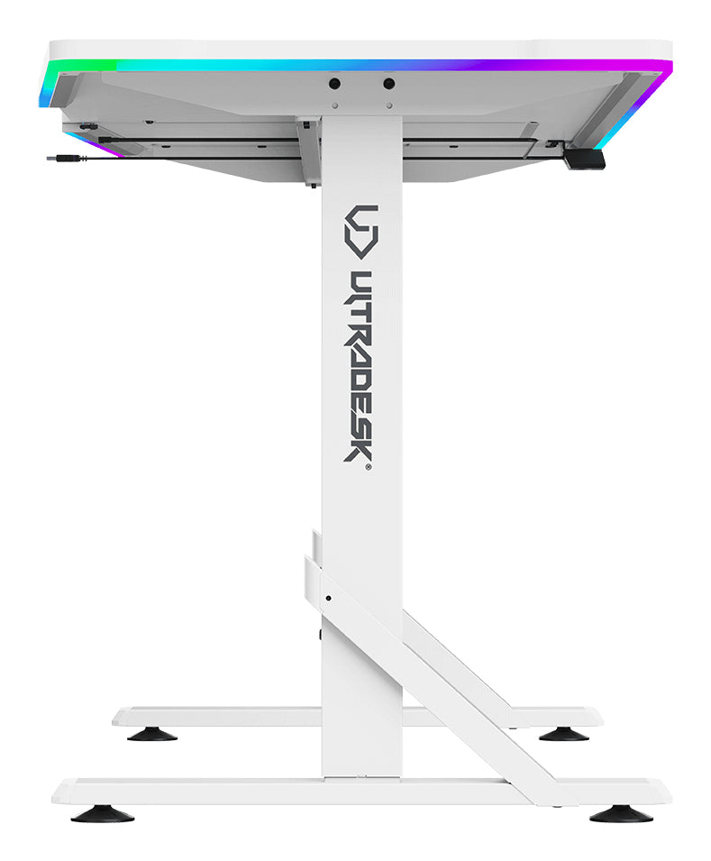 Ultradesk Iron Gaming-Tisch – 132,5 × 60,5 cm, höhenverstellbar, RGB-Beleuchtung, weiss, Stahl
