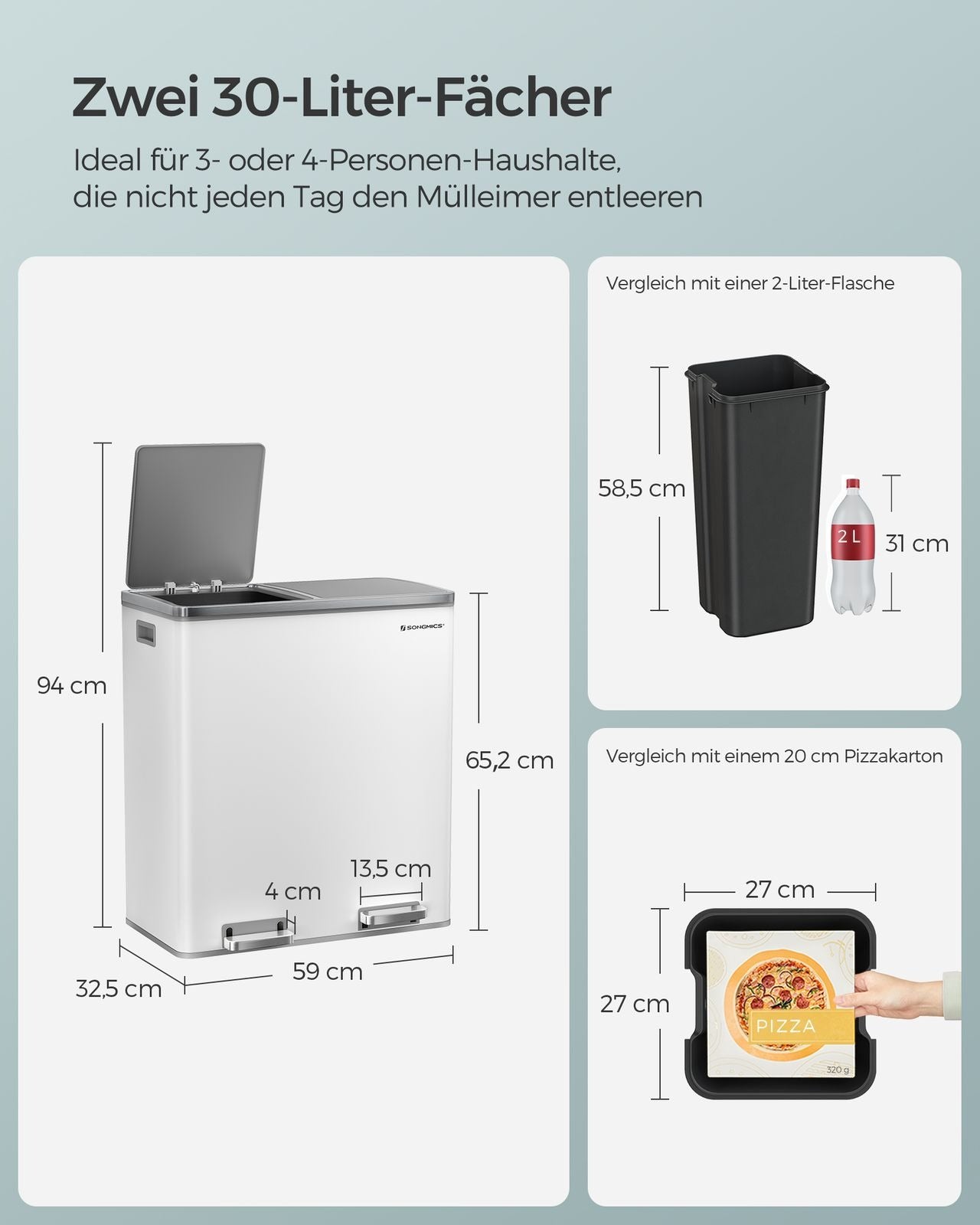 Songmics Systempapierkorb – 30 + 30 l – Stahl, weiss – B × H × T 585 × 650 × 360 mm