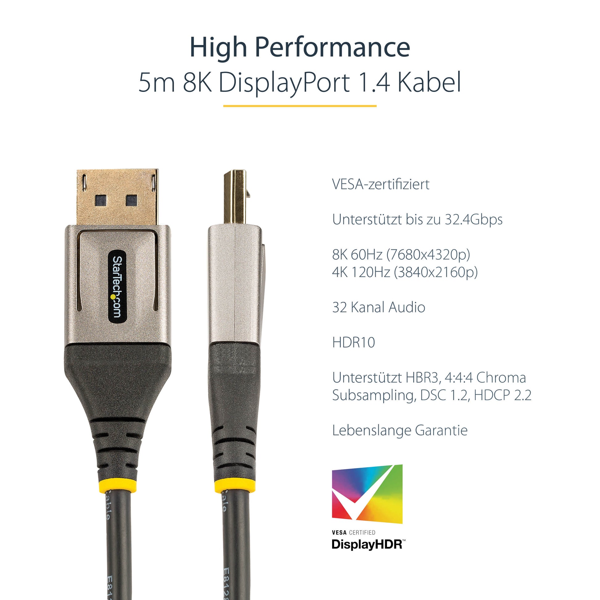 StarTech.com DisplayPort Kabel DP 1.4 8K 60 Hz – 5 m – HDR, verriegelbar – Grau/Schwarz