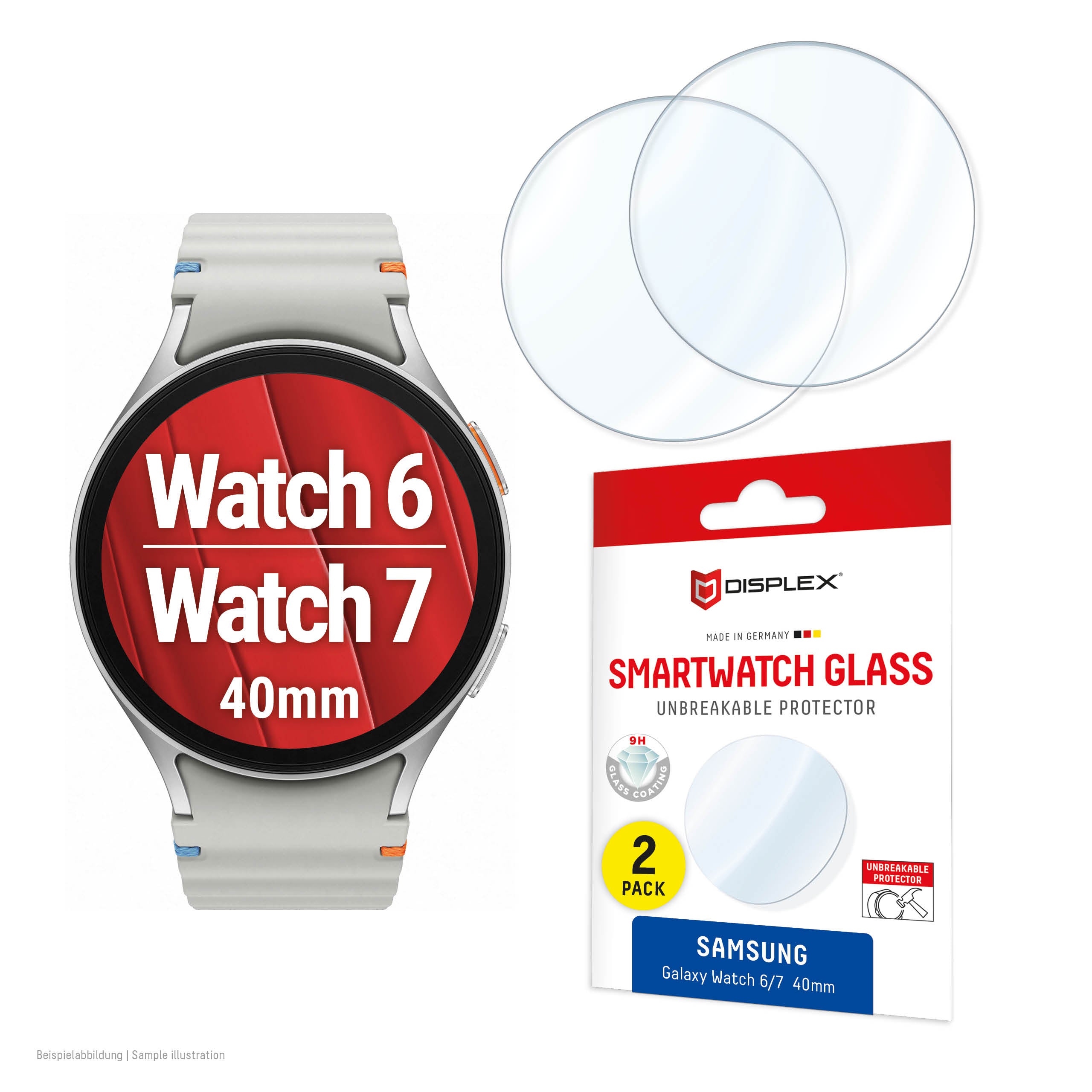 Displex Displayschutz für Samsung Galaxy Watch 7/6 40 mm – Gehärtetes Glas, Transparent