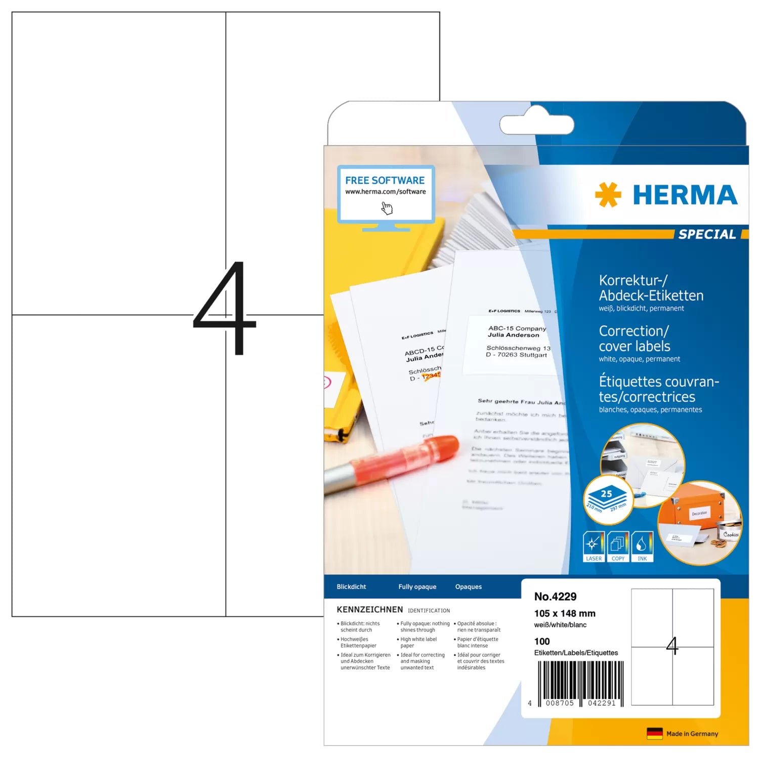 HERMA Druckeretiketten, 105 mm × 148 mm, weiss, Papier, permanent, 25 Blatt