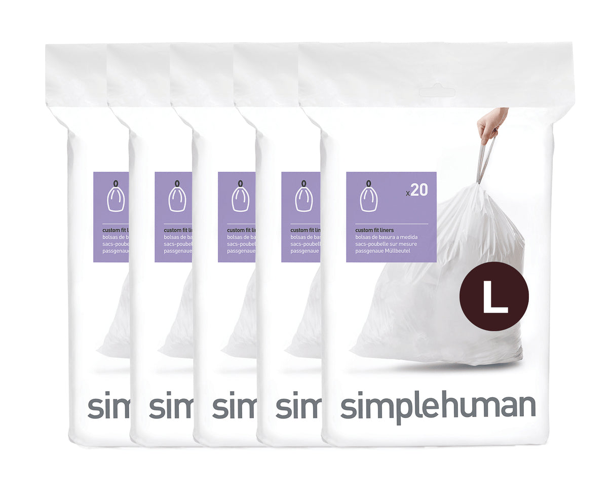 simplehuman Kehrichtsack für Abfalleimer – 18 l, mit Zugband, PE, weiss, 619 × 419 mm, 100 Stk