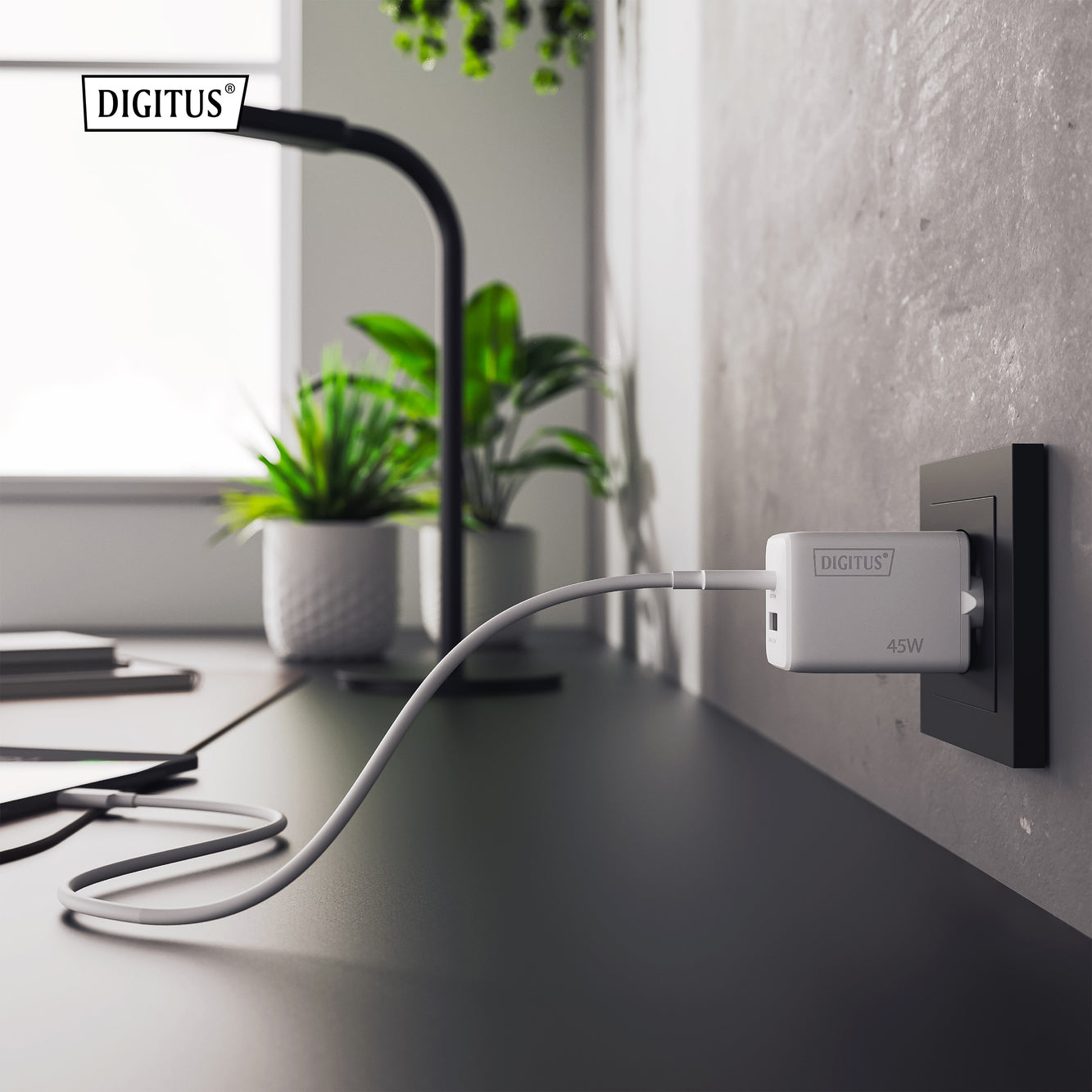 Digitus USB-Wandladegerät 45 W – USB-C×1, USB-A×1 – GaN – Weiss