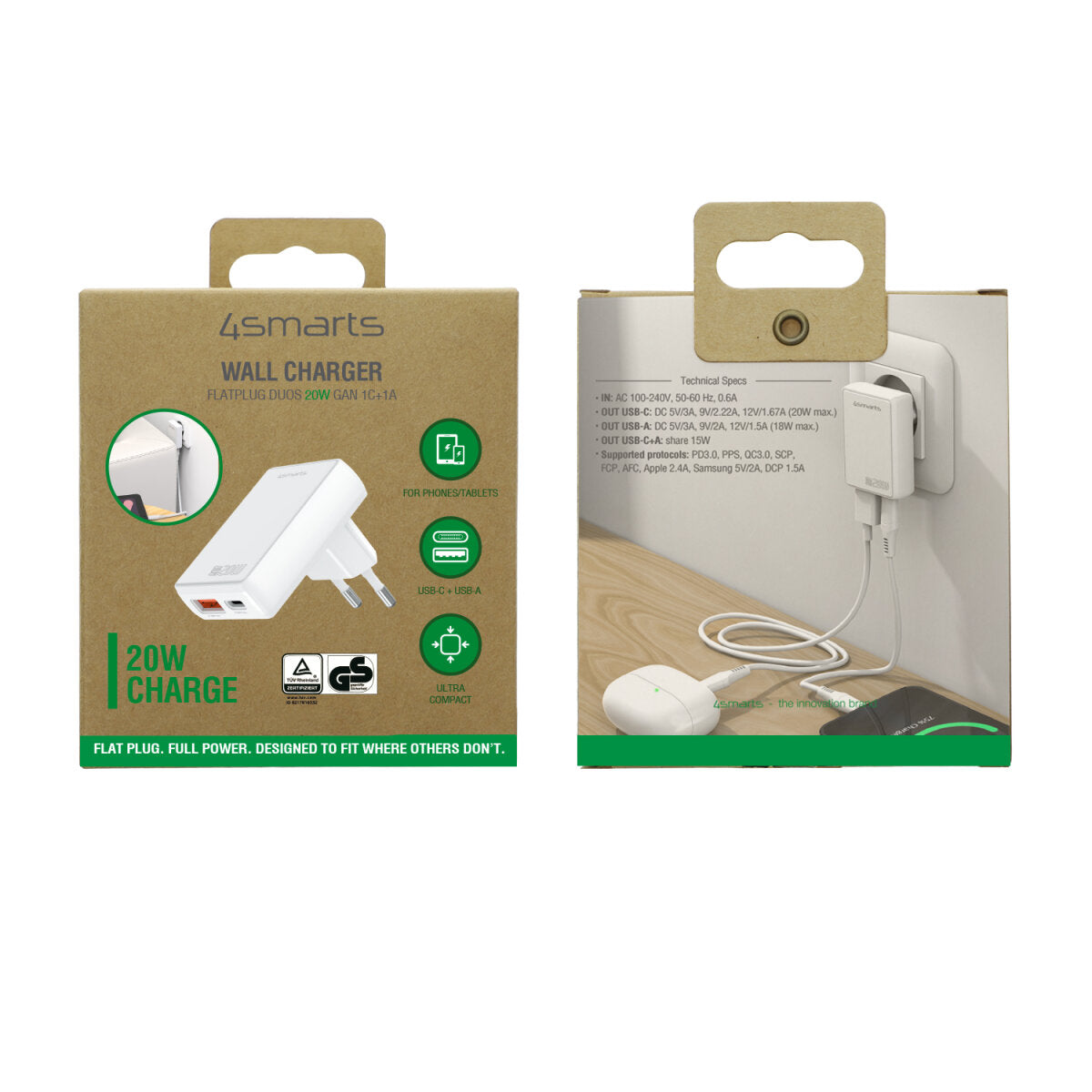 4smarts FlatPlug Duos USB-Ladegerät 20 W – USB-C×1, USB-A×1 – PD, QC 3.0, PPS, GaN – EU-Stecker (Typ C)