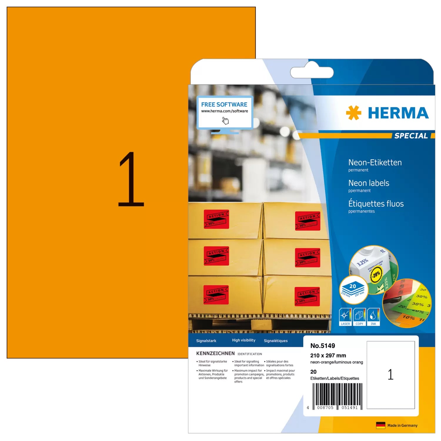 HERMA Schuletiketten – Neonorange – 210 × 297 mm, 20 Stk, 20 Bogen, Papier, permanent haftend