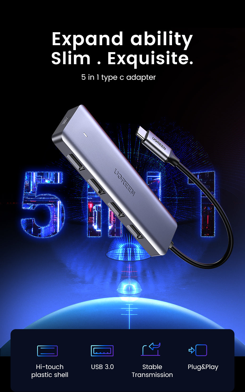 Ugreen 70336 USB-Hub – USB-C, 4× USB-A, für Samsung/Huawei/LG