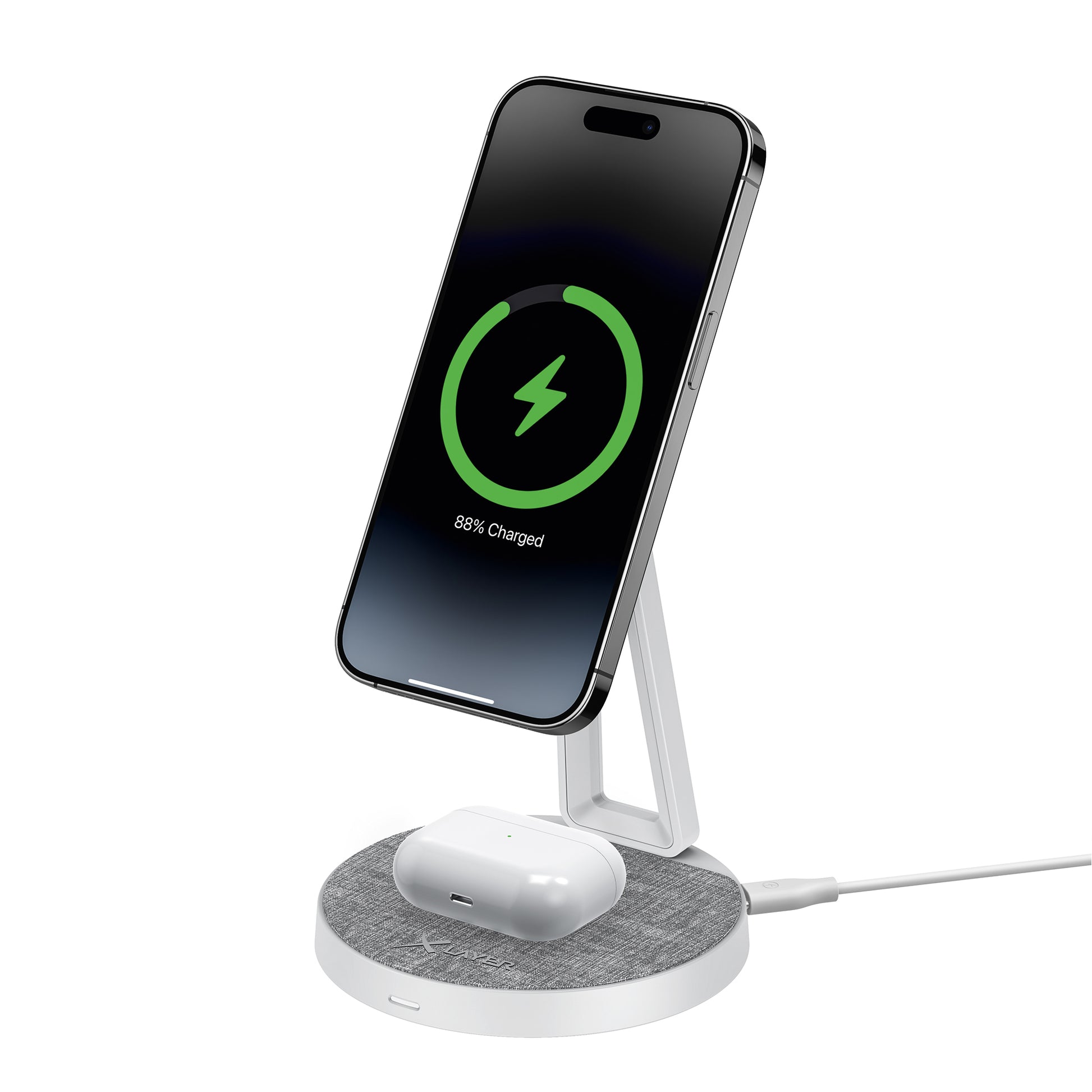 XLayer MagFix Pro 2-in-1 Ladeständer – MagSafe-kompatibel – 15 W/3 W – für iPhone/AirPods – Grau/Weiss