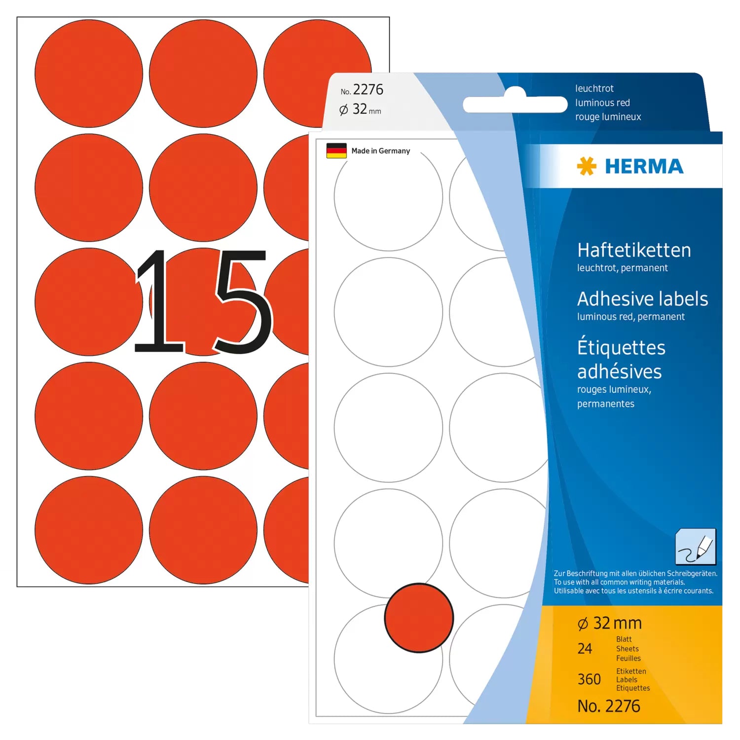 HERMA Schuletiketten – Ø 32 mm, rund, 360 Stk, 24 Bogen, 111 × 170 mm, Papier, permanent haftend