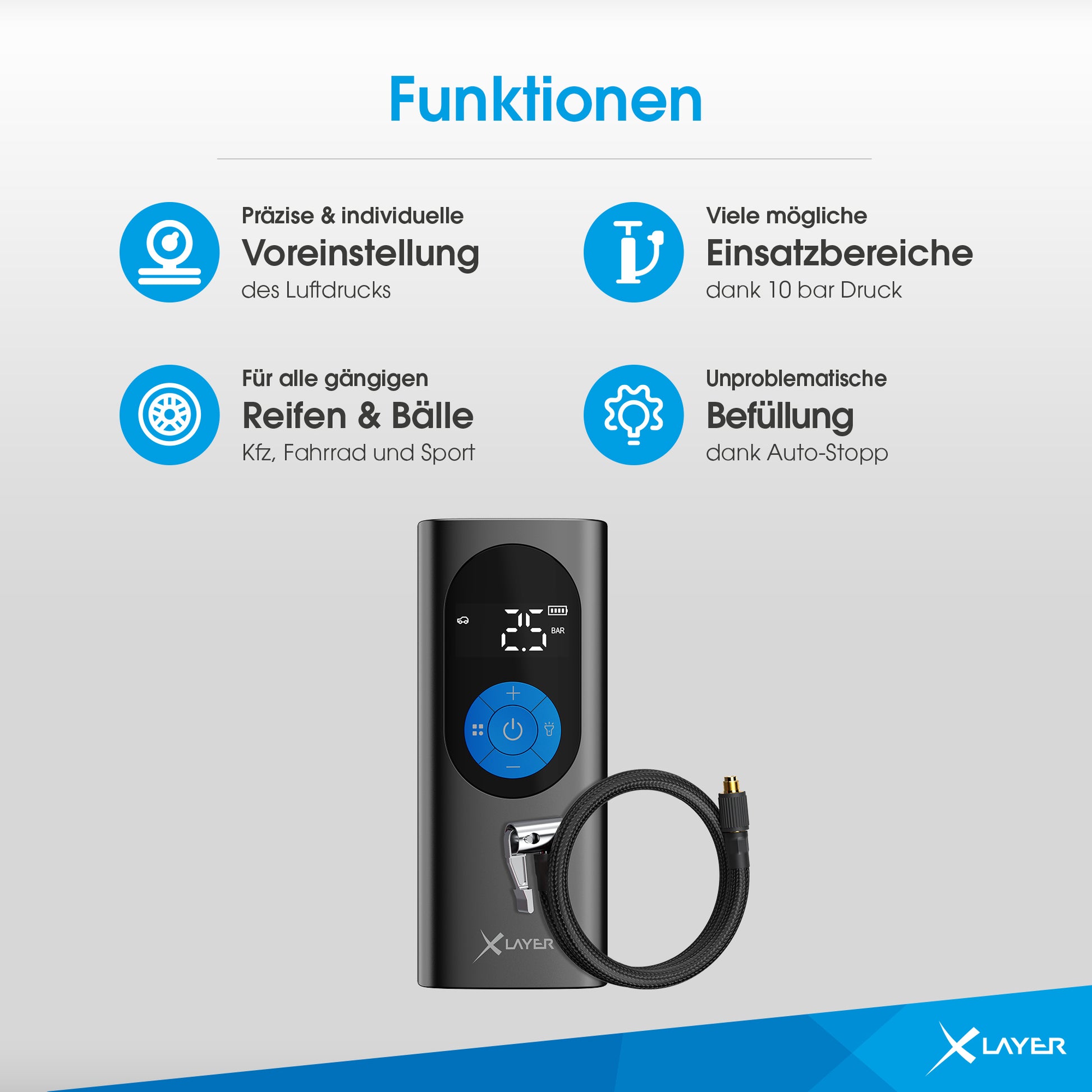 Xlayer Mobile Akkukompressor 2.0 Akku-Luftkompressor – 10,3 bar – 6 Ah – USB-C – inkl. Adapter