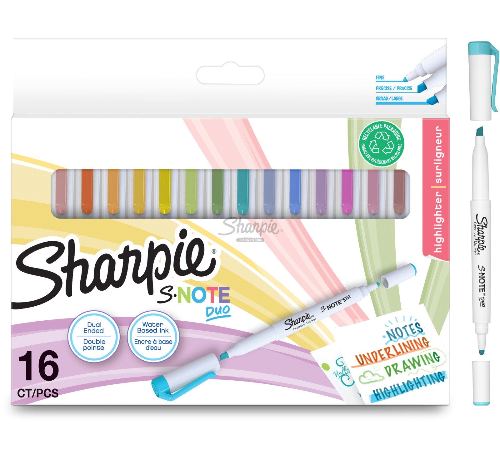 Sharpie S-Note Duo Textmarker – 16er Set, Farben: Blau/Braun/Grün …, Keil/Rund 1,5–3,5/1 mm, schnelltrocknend