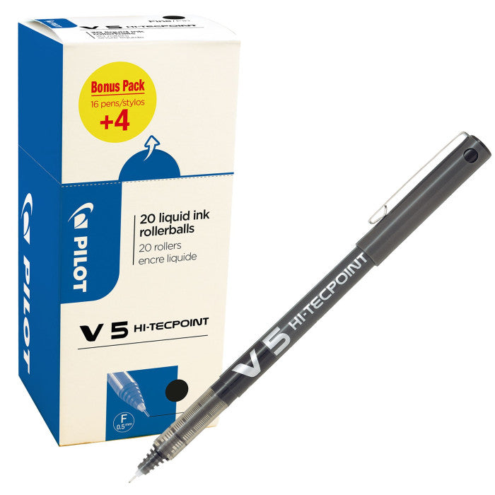 Pilot Hi-Tecpoint V5 – Tintenroller-Set, mit Kappe, 0,3 mm, Schwarz, 20er Pack