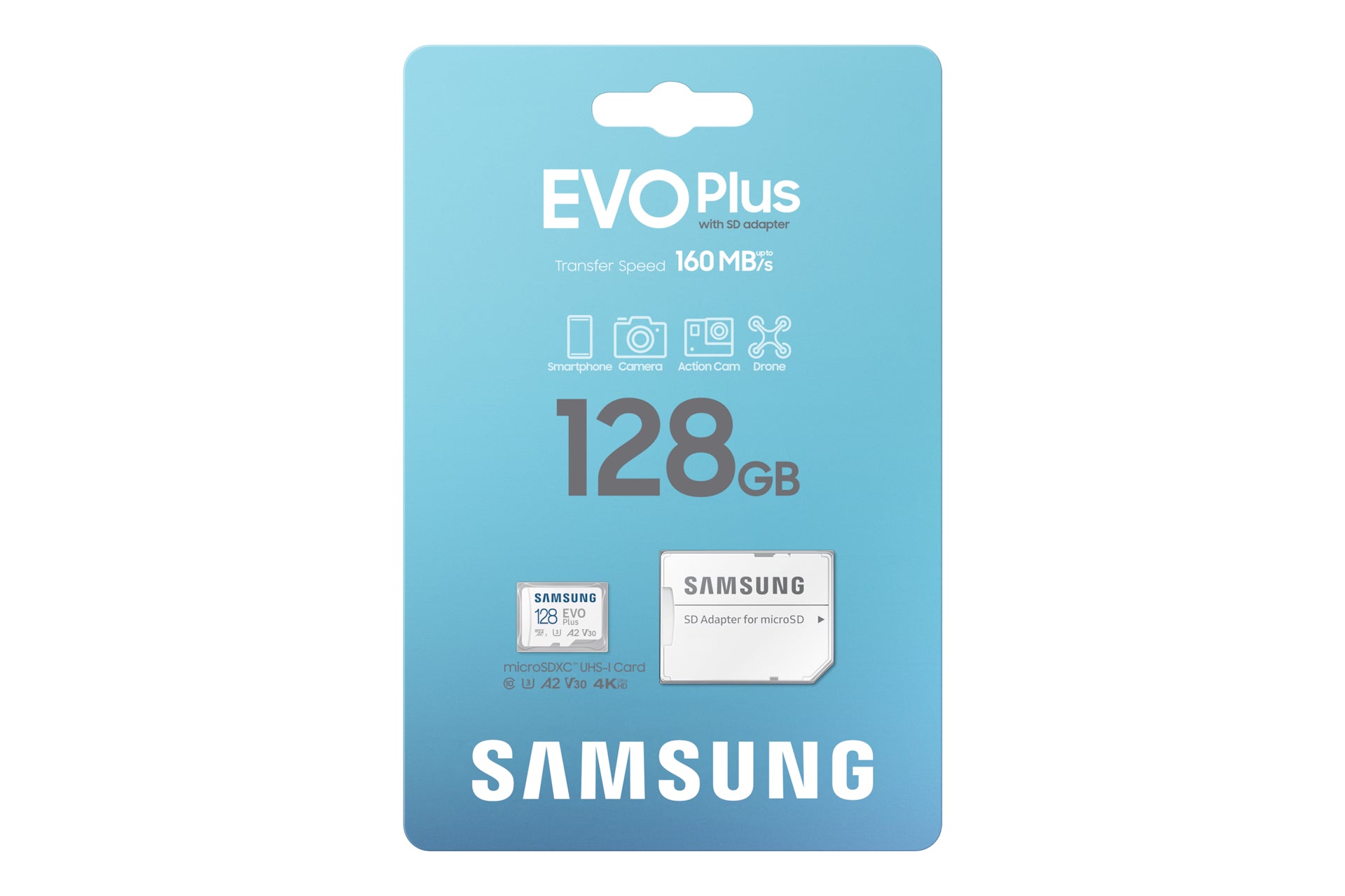 Samsung EVO Plus microSDXC 128 GB – UHS-I, U3, V30, A2, 160/130 MB/s, inkl. SD-Adapter