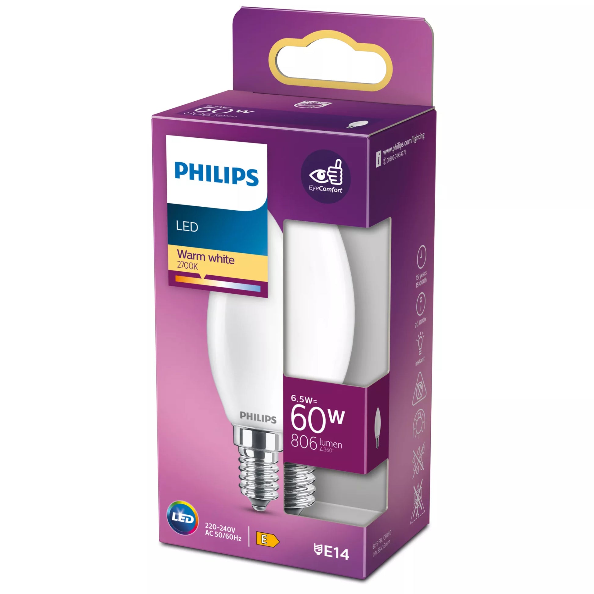 Philips by Signify Philips LED-Leuchtmittel E14 B35 – Warmweiss 2700 K, 806 lm, 6,5 W – 1 Stk., Weiss, Glas