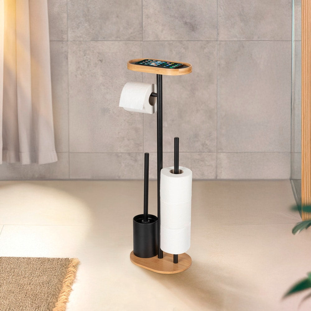 Wenko – WC-Bürstenset – Metall, Bambus, Schwarz, Braun, Bodenstehend, H 70,5 cm