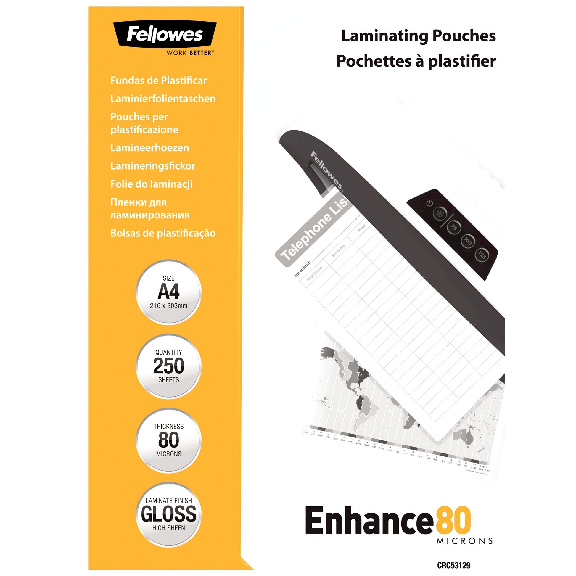 Fellowes Laminierfolien A4, glänzend – 80 µm, 216 × 303 mm, 250 Stk.