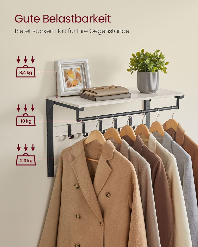 Vasagle Wandgarderobe – 10 Haken, mit Ablage, Stahl/Spanplatte, Schwarz/Weiss, 65 × 30 × 42 cm