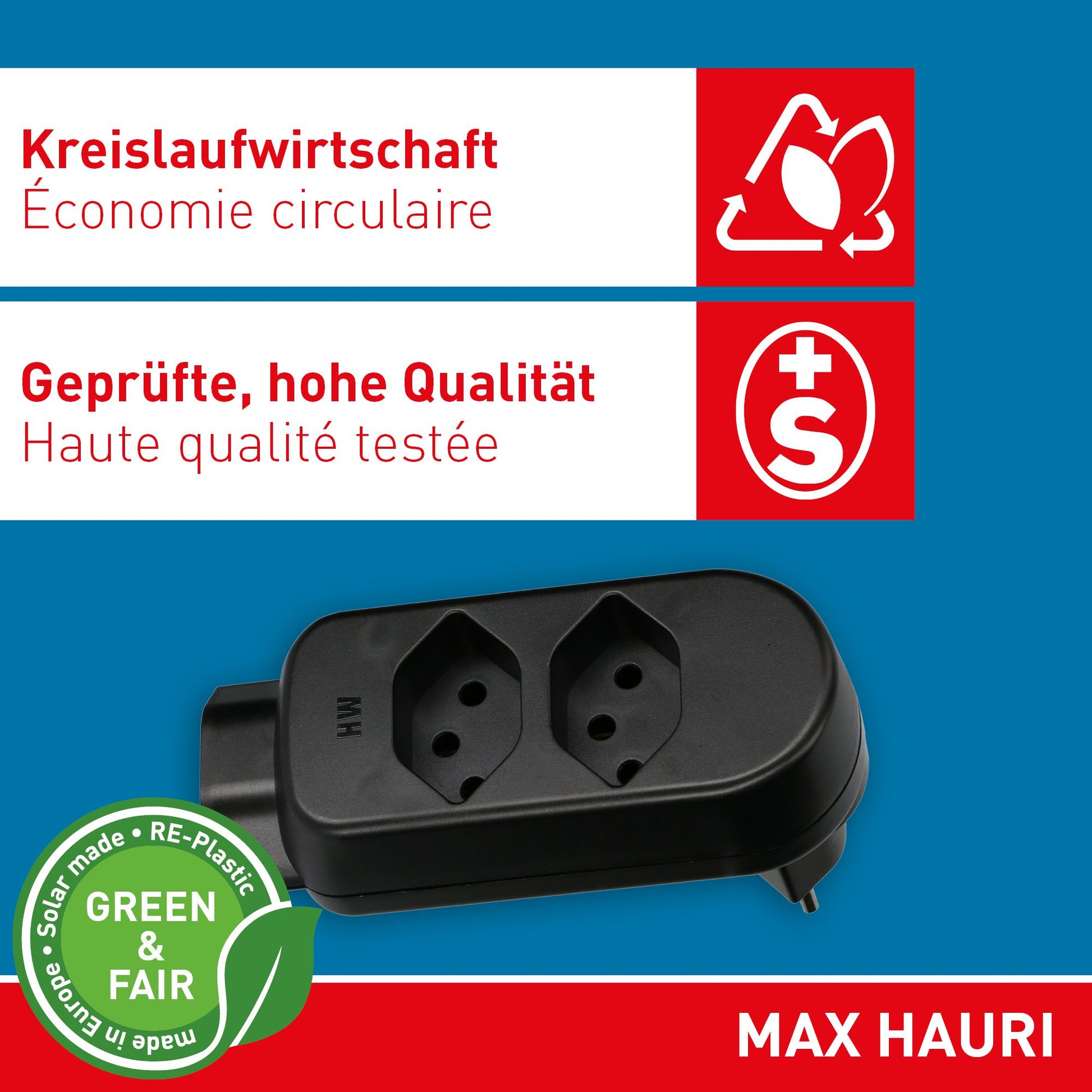 Max Hauri AG Max Hauri maxADAPT 2+1xT13 Abzweigstecker – T12 zu 2× T13, 230–250 V, 10 A, drehbar 320° – Schwarz