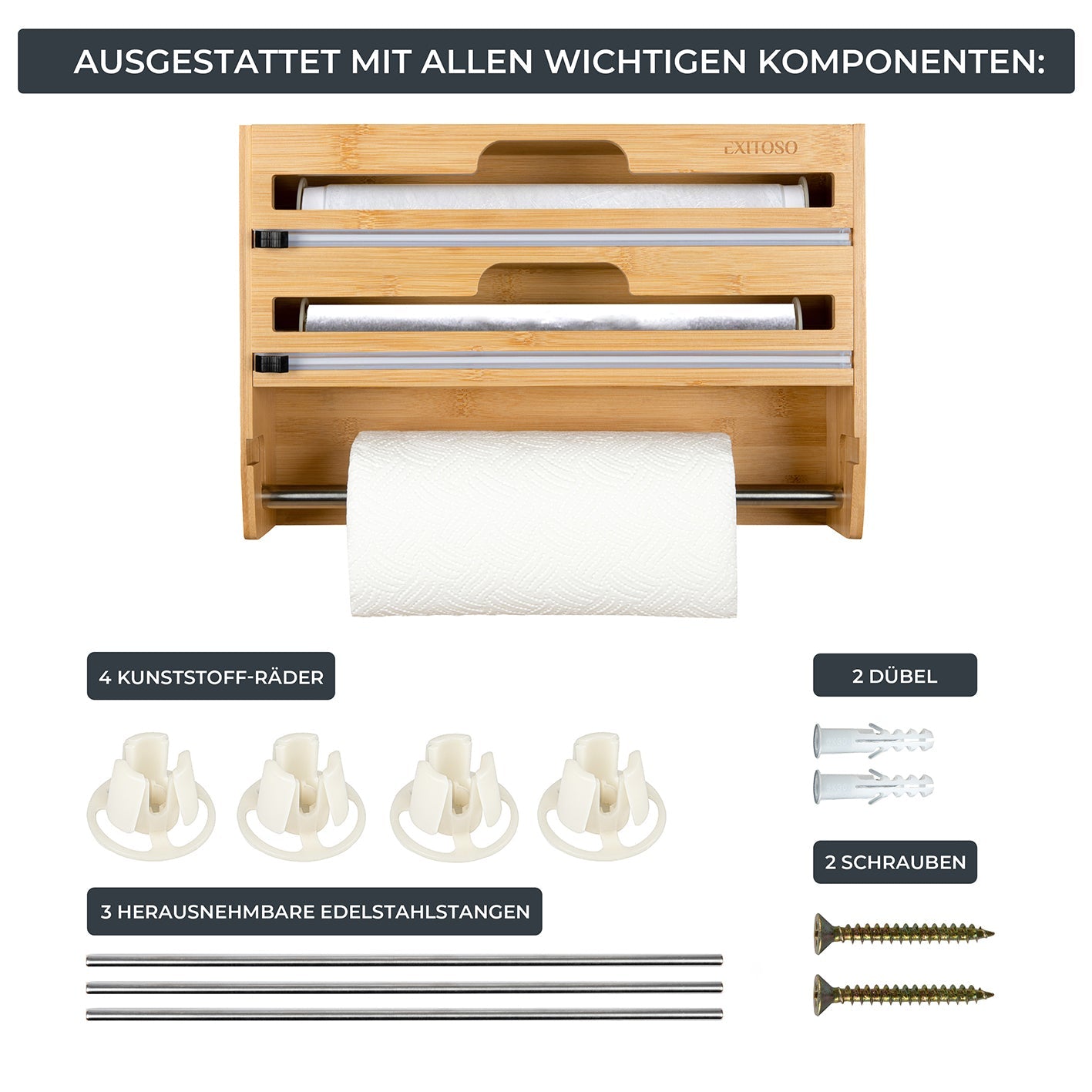 Exitoso Küchenrollenhalter, Holz, 10 × 37,3 × 24 cm, Braun, wandmontiert, für Alufolie und Plastikfolie