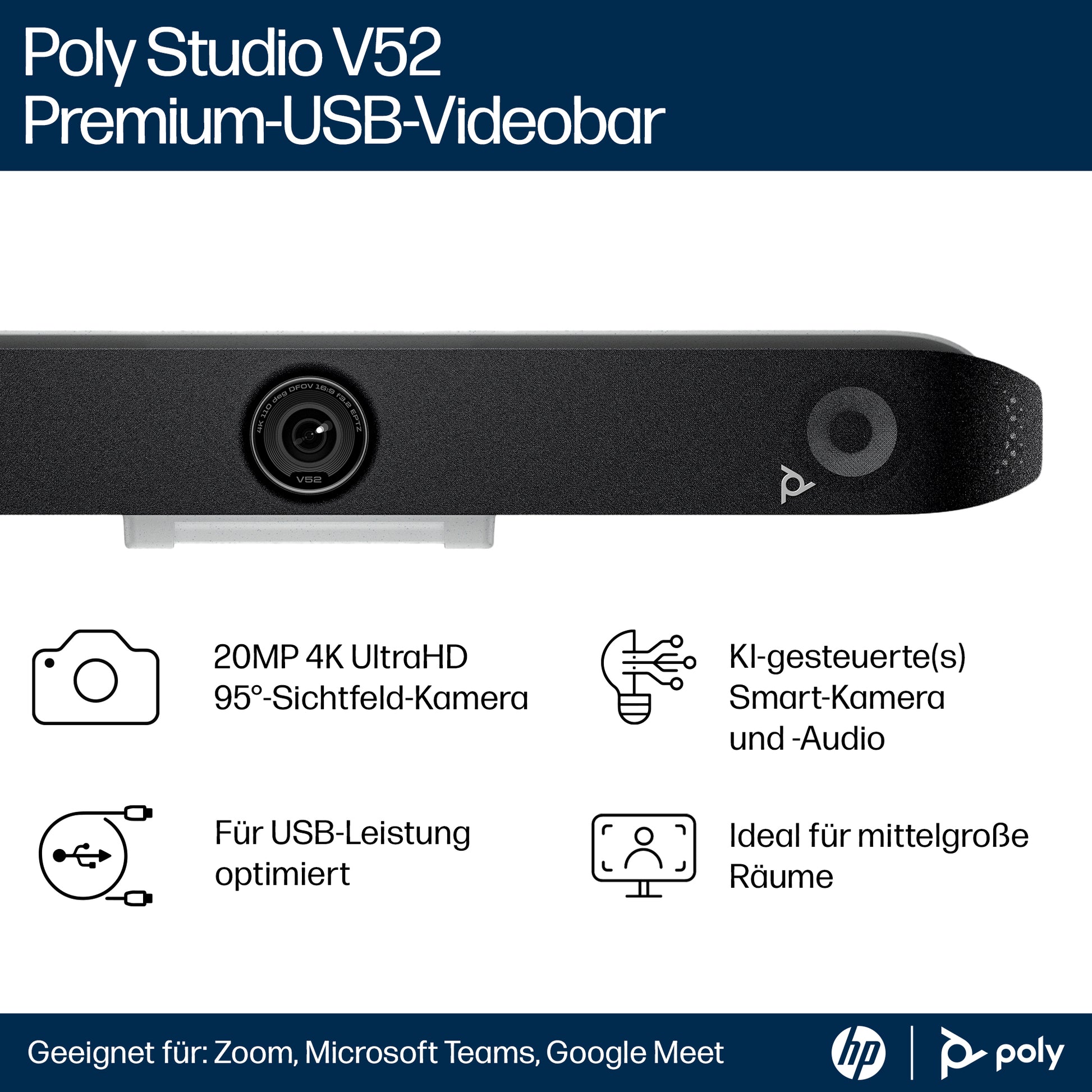 HP Poly Studio V52 Videobar – 4K Ultra HD, 5× digitaler Zoom – Weiss