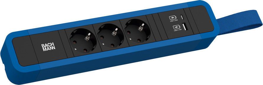 Bachmann PRIMO 2 Steckdosenleiste – 3×Schuko (Typ E/F), 2 m, 1×USB‑A + 1×USB‑C 22 W, Blau, Aufhängeschlaufe