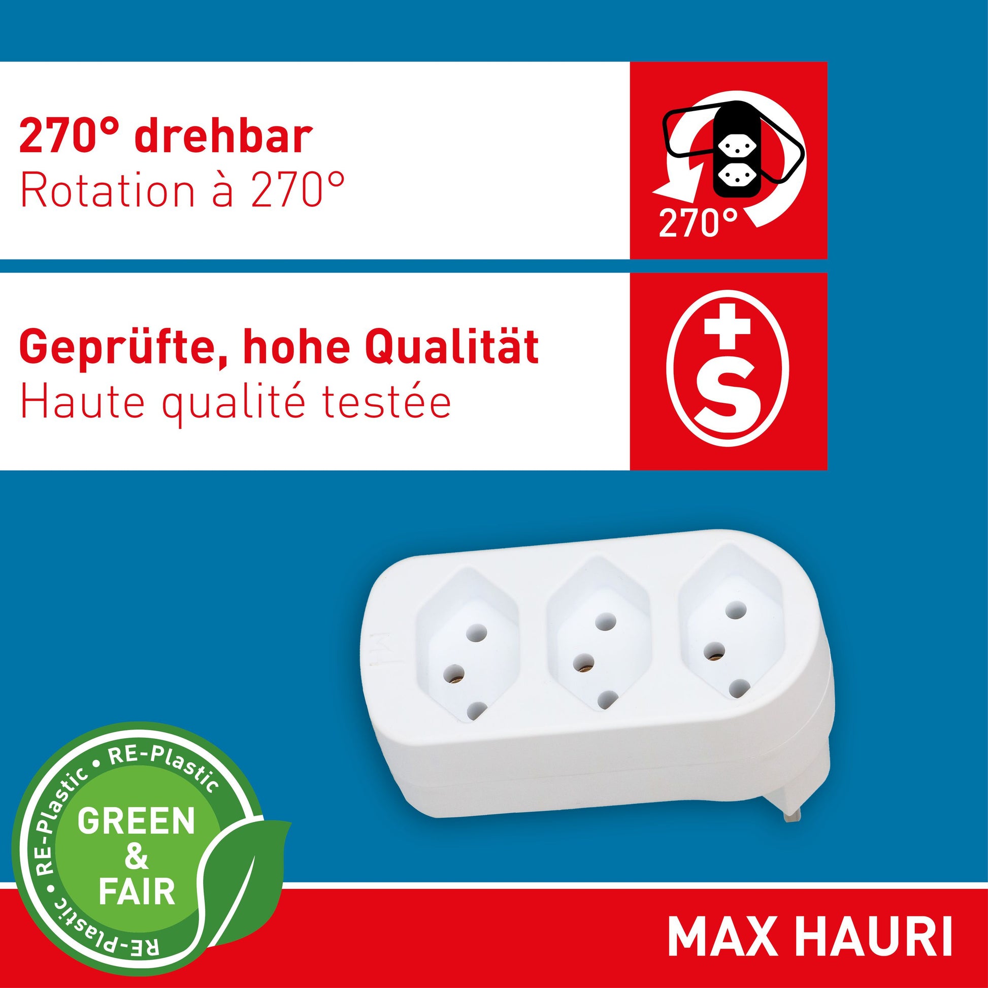 Max Hauri AG Max Hauri ADAPT Abzweigstecker T12 zu 3× Typ 13 – 230 V, 2300 W, 10 A, 0,1 m, Weiss