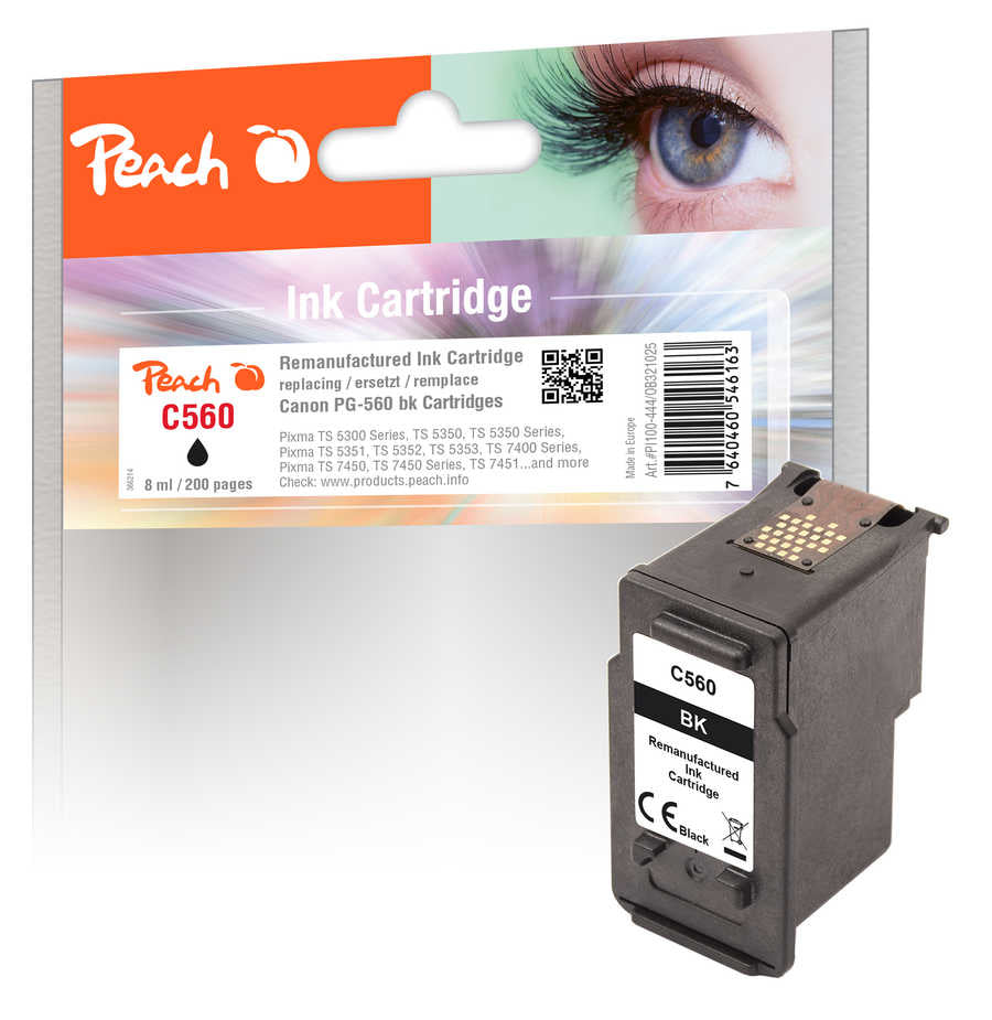 Peach PG-560 Schwarz Tintenpatrone (Kompatibel) – 200 Seiten – für Canon Pixma TS 5300/5400/7400