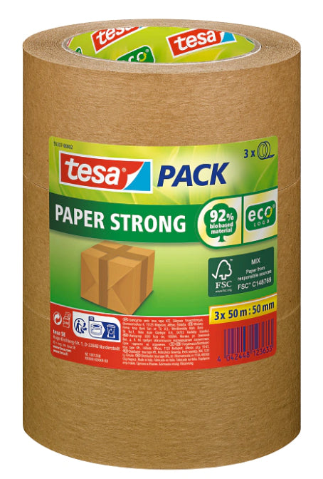 TESA Verpackungsklebeband, Papier, Beige – 50 mm × 50 m – 3 Rollen