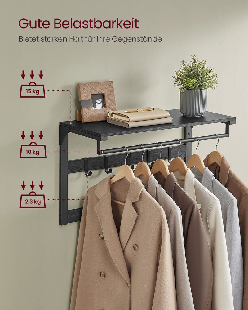 Vasagle Wandgarderobe – 10 Haken, mit Ablage, Stahl/Spanplatte, Schwarz, 65 × 30 × 42 cm