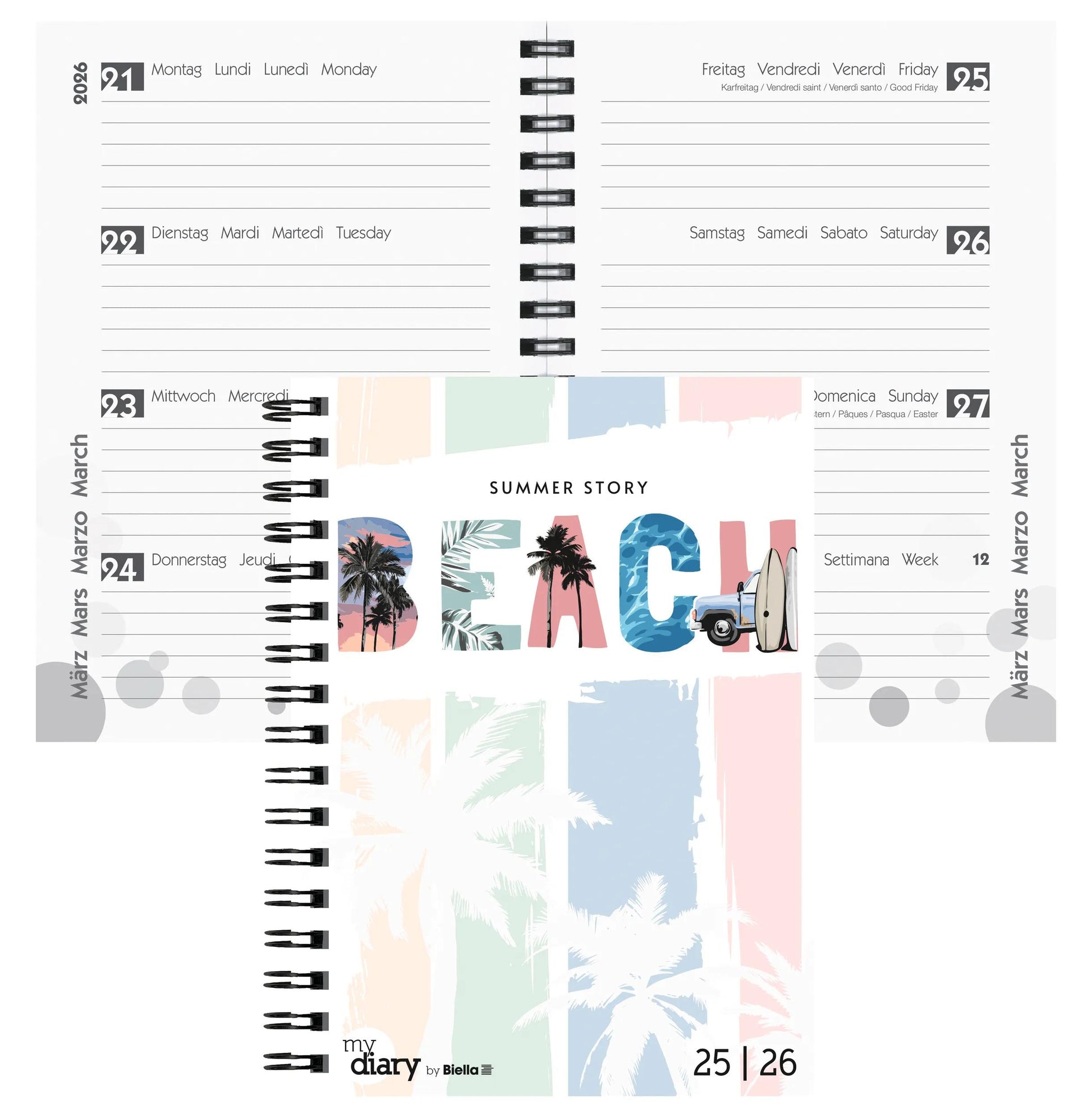 Biella mydiary Schüleragenda – 1 Woche/2 Seiten, Wire-O, 12 × 16,5 cm, Aug–Jul, Summer, FSC