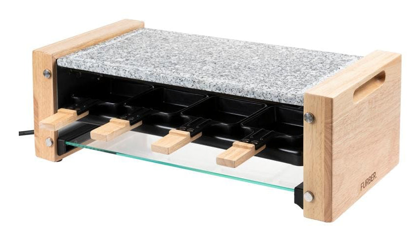 Furber. Furber Racletteofen Festa – 8 Personen, 1200 W, Steinplatte – Schwarz/Marmor/Holz