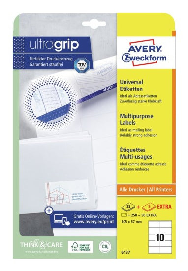 AVERY Zweckform 6137 – Etiketten A4 105 × 57 mm – Papier, weiss – permanent haftend – Laser/Inkjet
