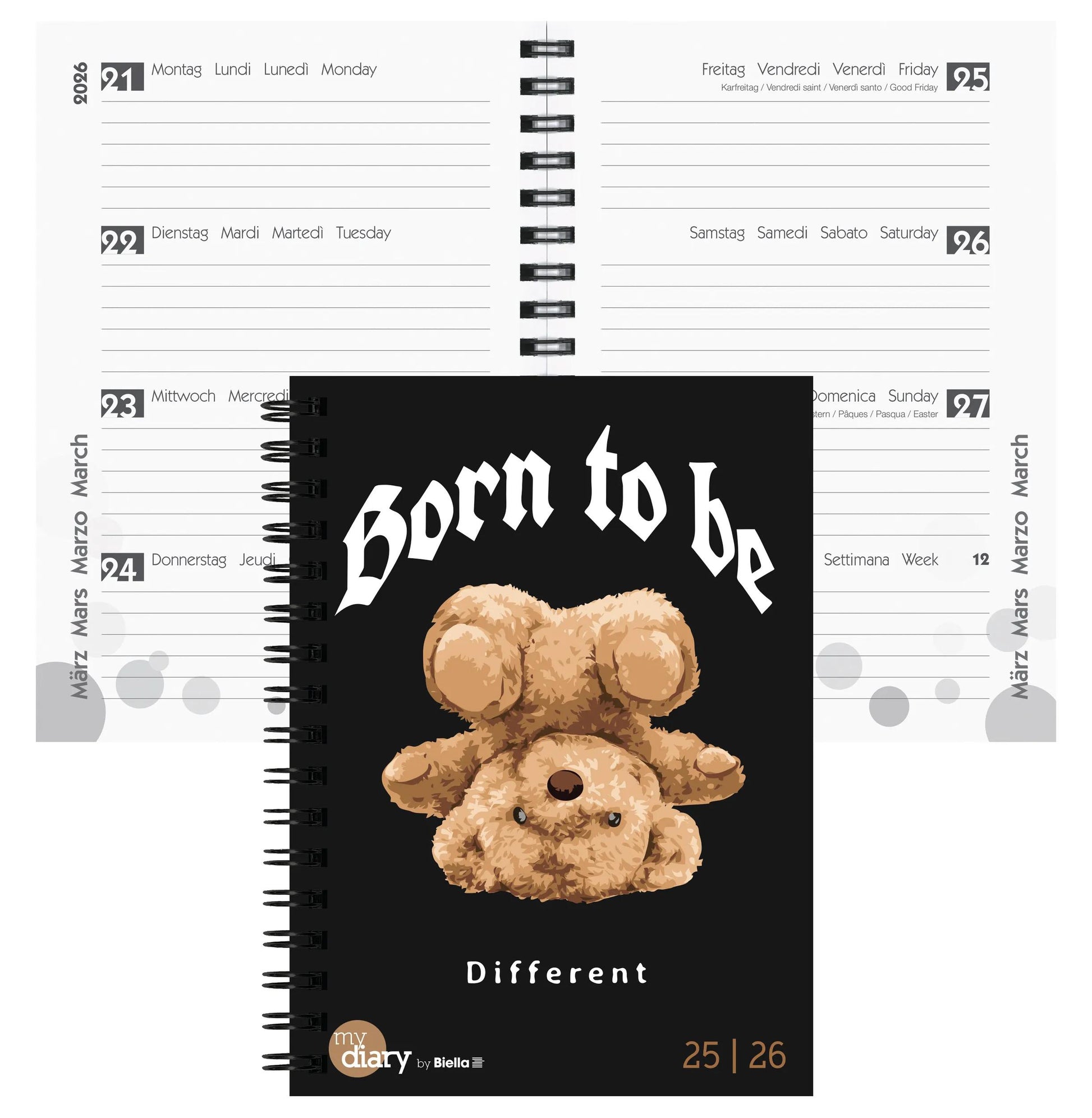 Biella mydiary Schüleragenda – 1 Woche/2 Seiten, Wire-O, 12 × 16,5 cm, Aug–Jul, Teddy, FSC
