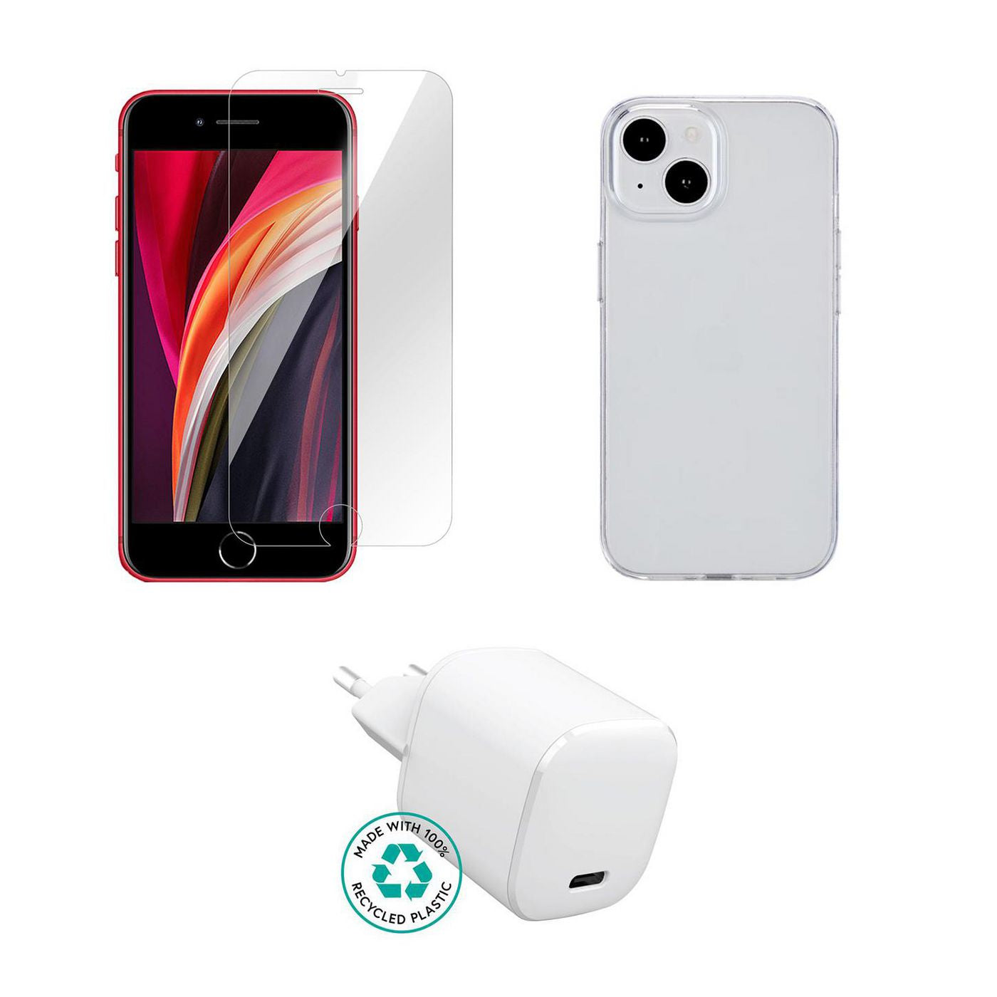 eSTUFF 3-in-1 Starter-Set (Ladegerät, Hülle, Glas) – für iPhone SE (2022) – Transparent/Weiss
