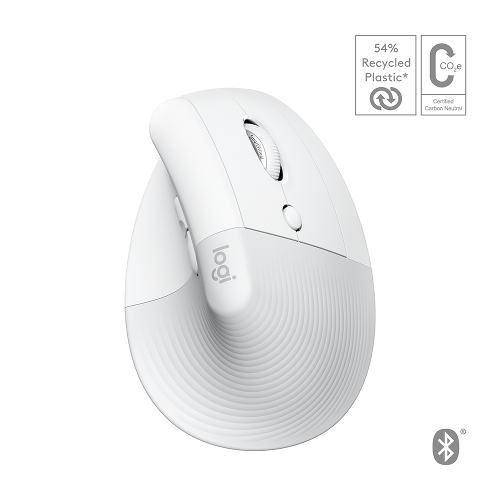 Logitech Lift für Mac Ergonomische Maus – kabellos, Easy-Switch, aus recyceltem Material, weiss