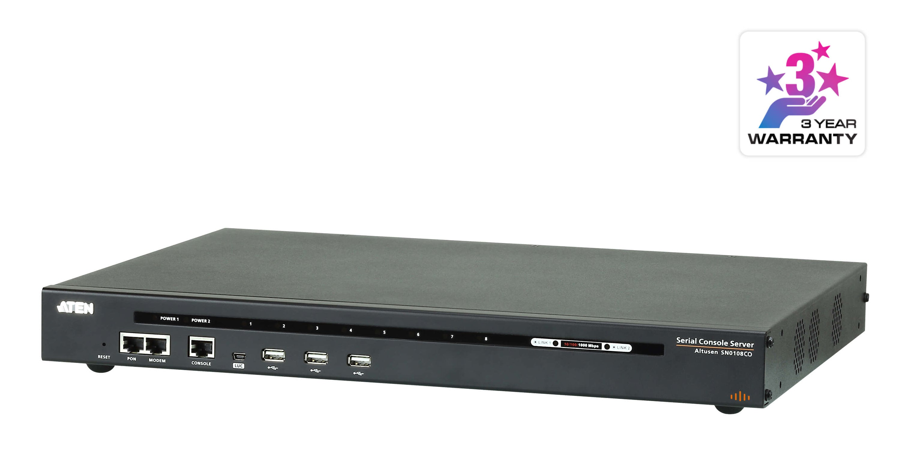 ATEN SN0108CO – Serieller Konsolenserver – 8×RJ45, 3×USB 2.0, Dual-LAN, Dual-Strom, für Cisco Switches, Schwarz