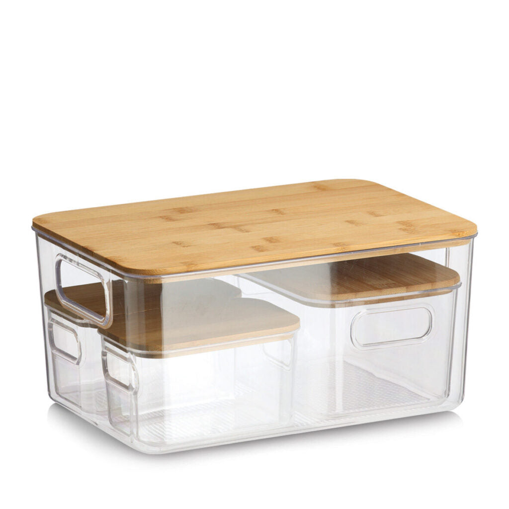 Zeller Present Aufbewahrungsbox (mit Deckel) – Kunststoff/Bambus – transparent/braun – 4-teiliges Set