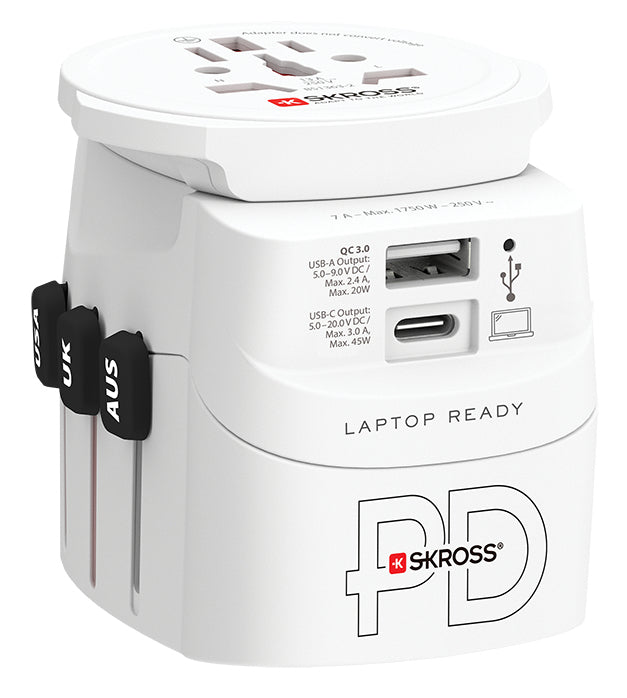 SKROSS – Reiseadapter – Universal → Universal, USB-C/USB-A (PD 45 W), bis 1'750 W – weiss
