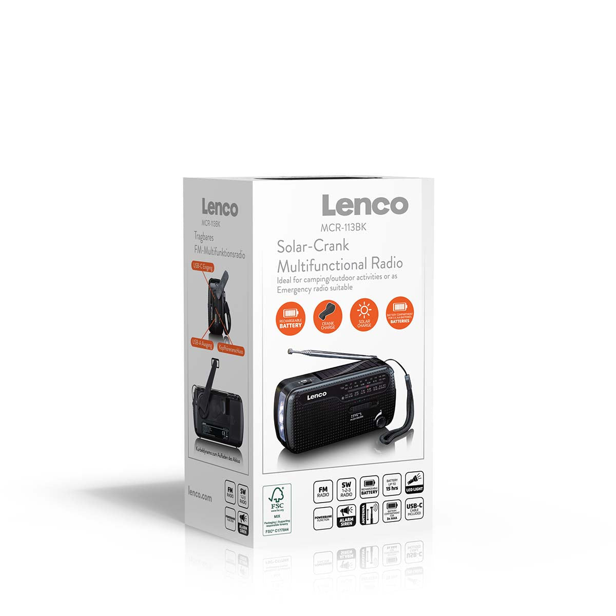 Lenco MCR-113BK – Tragbares Radio, UKW, Kurbel/Dynamo, Solar-/USB-C-Ladung, Powerbank, Lampe – Schwarz