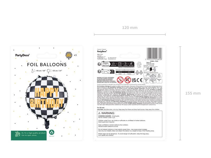 PartyDeco Folienballon Zielflagge Happy Birthday – mehrfarbig – Ø 35 cm – Folie – 1 Stk
