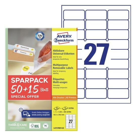 AVERY Zweckform – Etiketten A4 64 × 30 mm – Papier, weiss – wiederablösbar – 27 pro Blatt, 65 Blätter