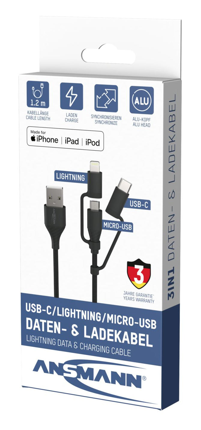 Ansmann Multi-Kabel – 3-in-1 USB-A auf USB-C/Micro-USB/Lightning 1,2 m – für iPhone/Android