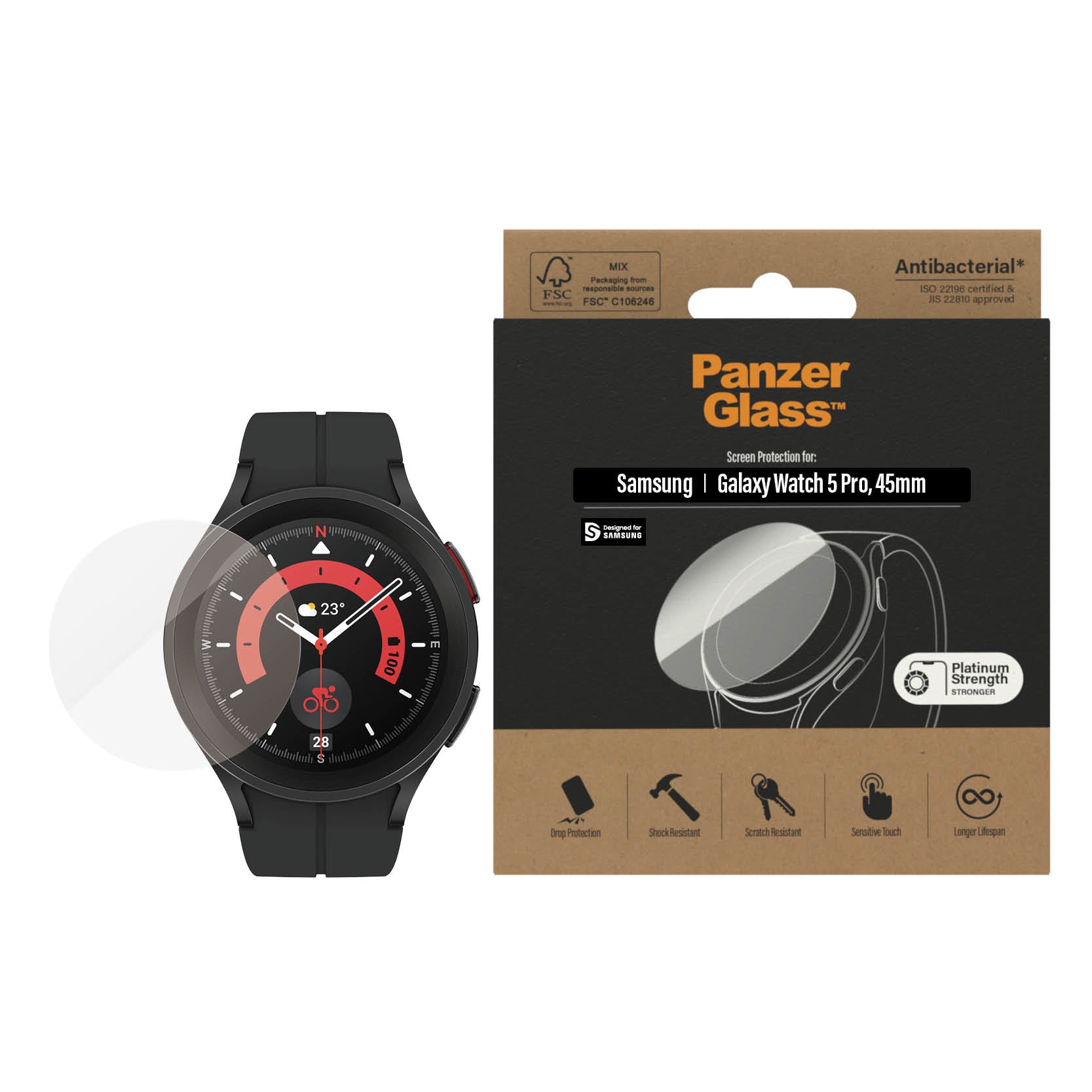 PanzerGlass Displayschutz (Panzerglas), Antibakteriell – für Galaxy Watch 5 Pro 45 mm