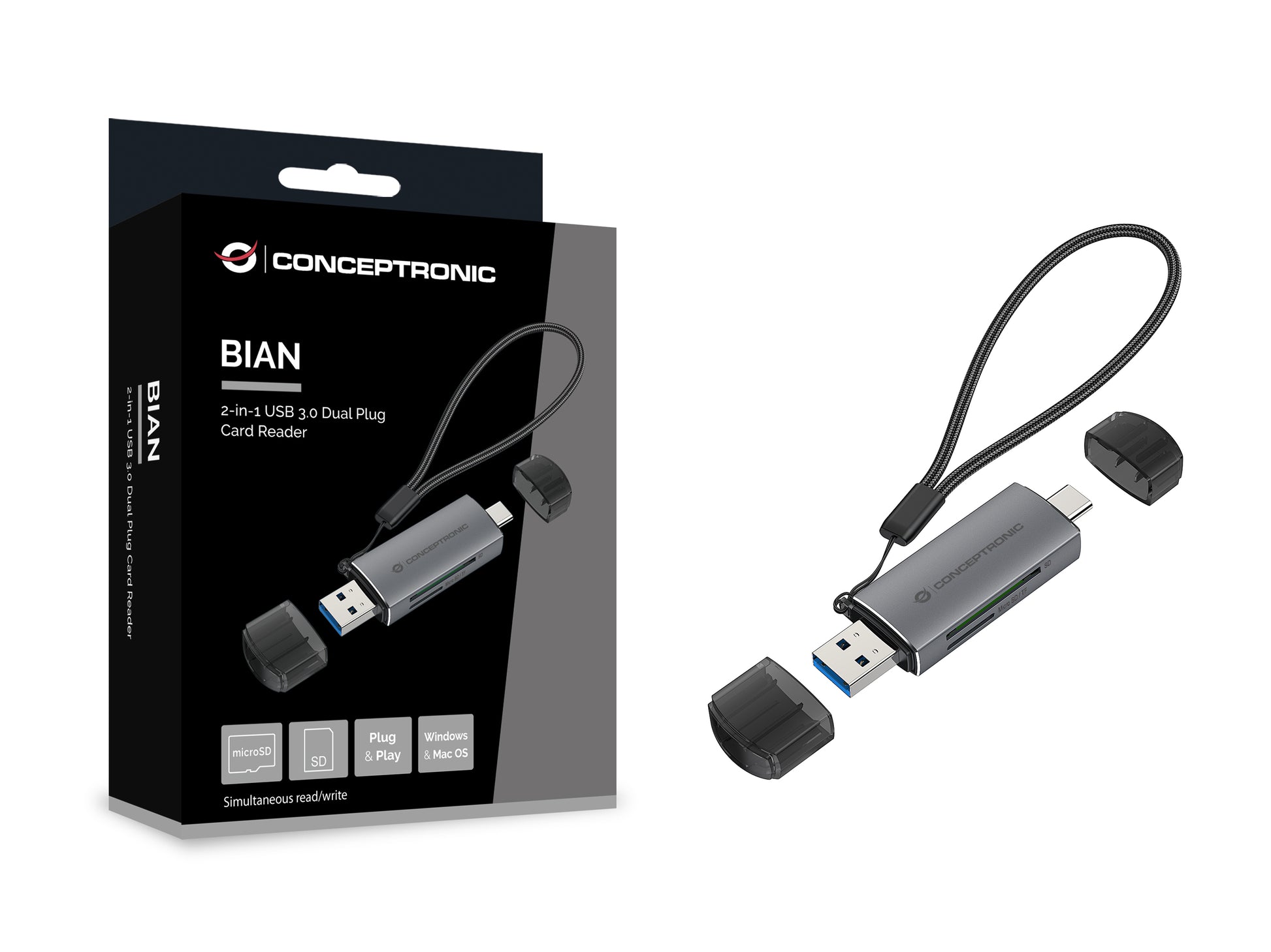 Conceptronic BIAN05G Kartenleser – SD/microSD – USB‑A/USB‑C 3.2 Gen 1 – 5 Gbit/s