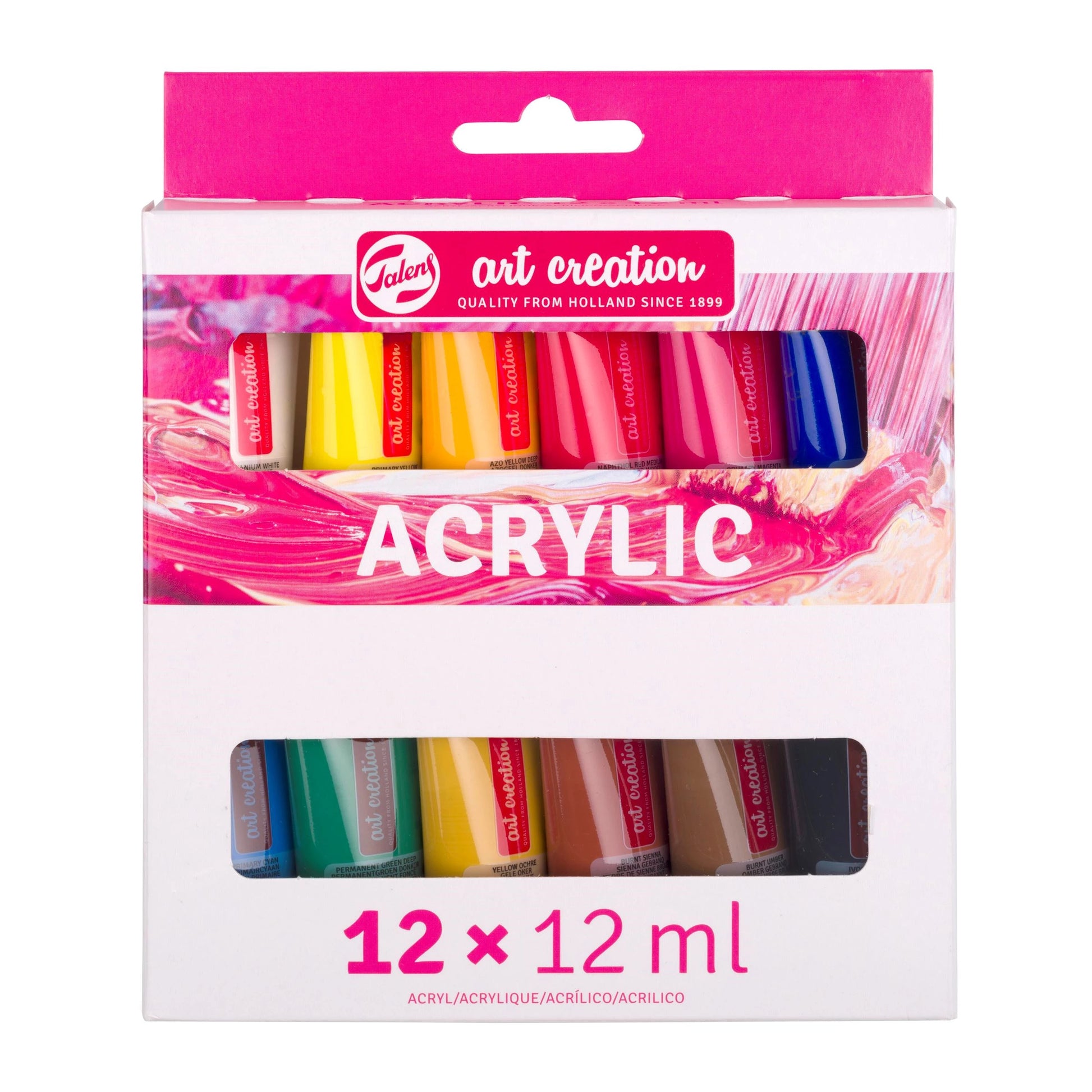 Talens Acrylfarbe – Mehrfarbig, Wasserfest – 12 Farben, 12×12 ml (144 ml) – für Papier, Stein, Holz