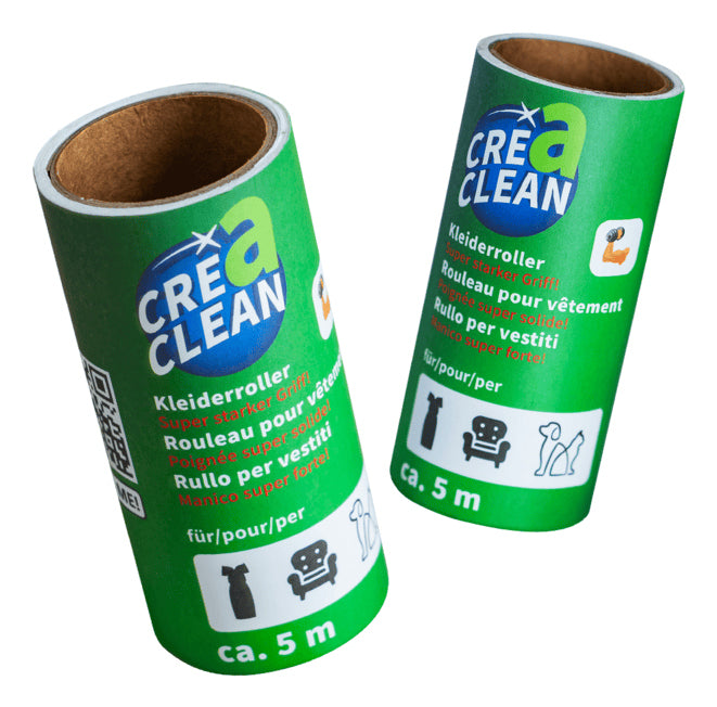 CREaCLEAN Fusselroller – Papier/ABS, Schwarz – 1 Griff, 10 Ersatzrollen – 23,0 × 13,5 × 4,5 cm