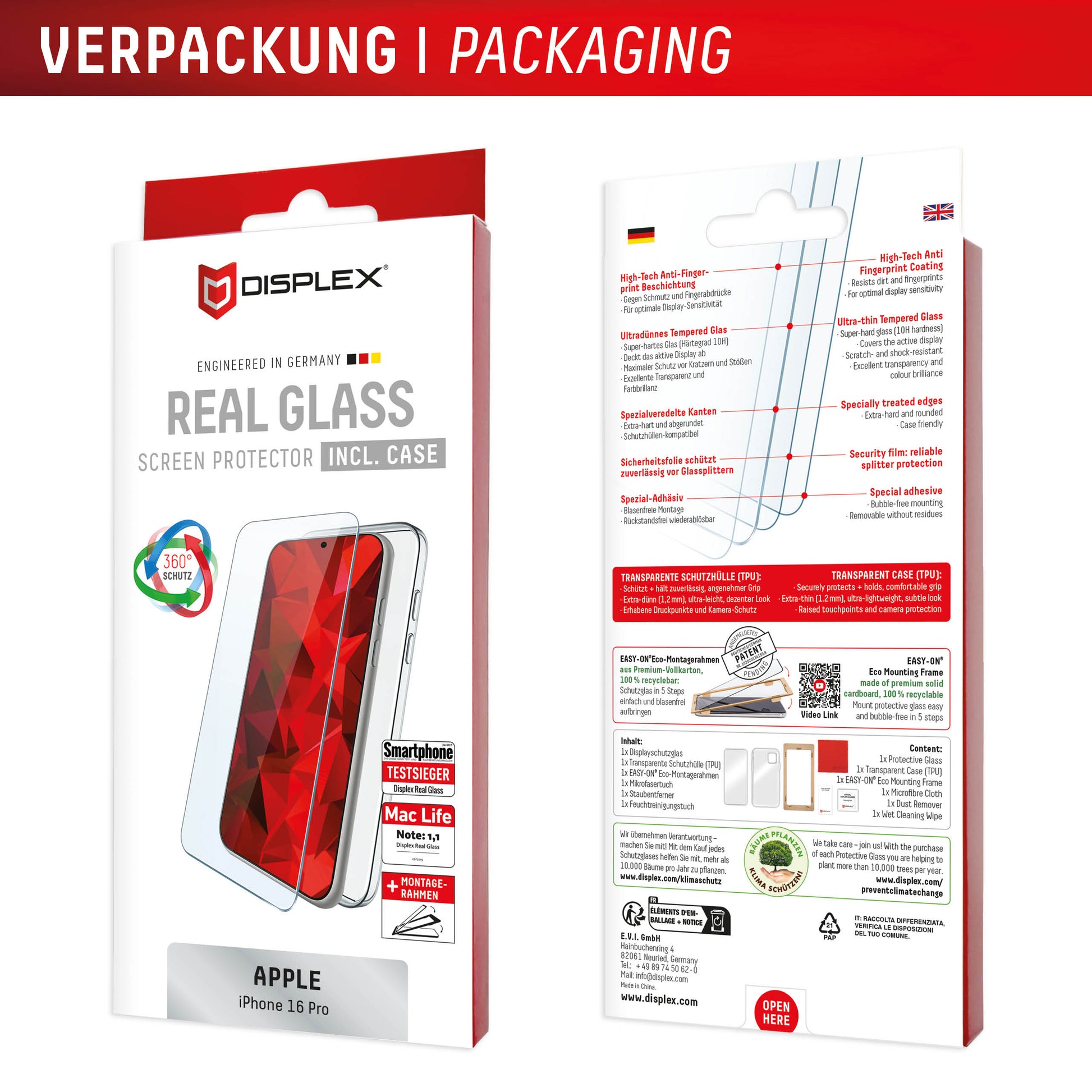 Displex Displayschutz (Panzerglas), 10H – für iPhone 16 Pro – mit Applikator