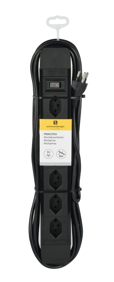 M. Schönenberger Schönenberger Principio Steckdosenleiste, 6×T13, mit Schalter, 5 m, Eingang T12, IP20 – schwarz