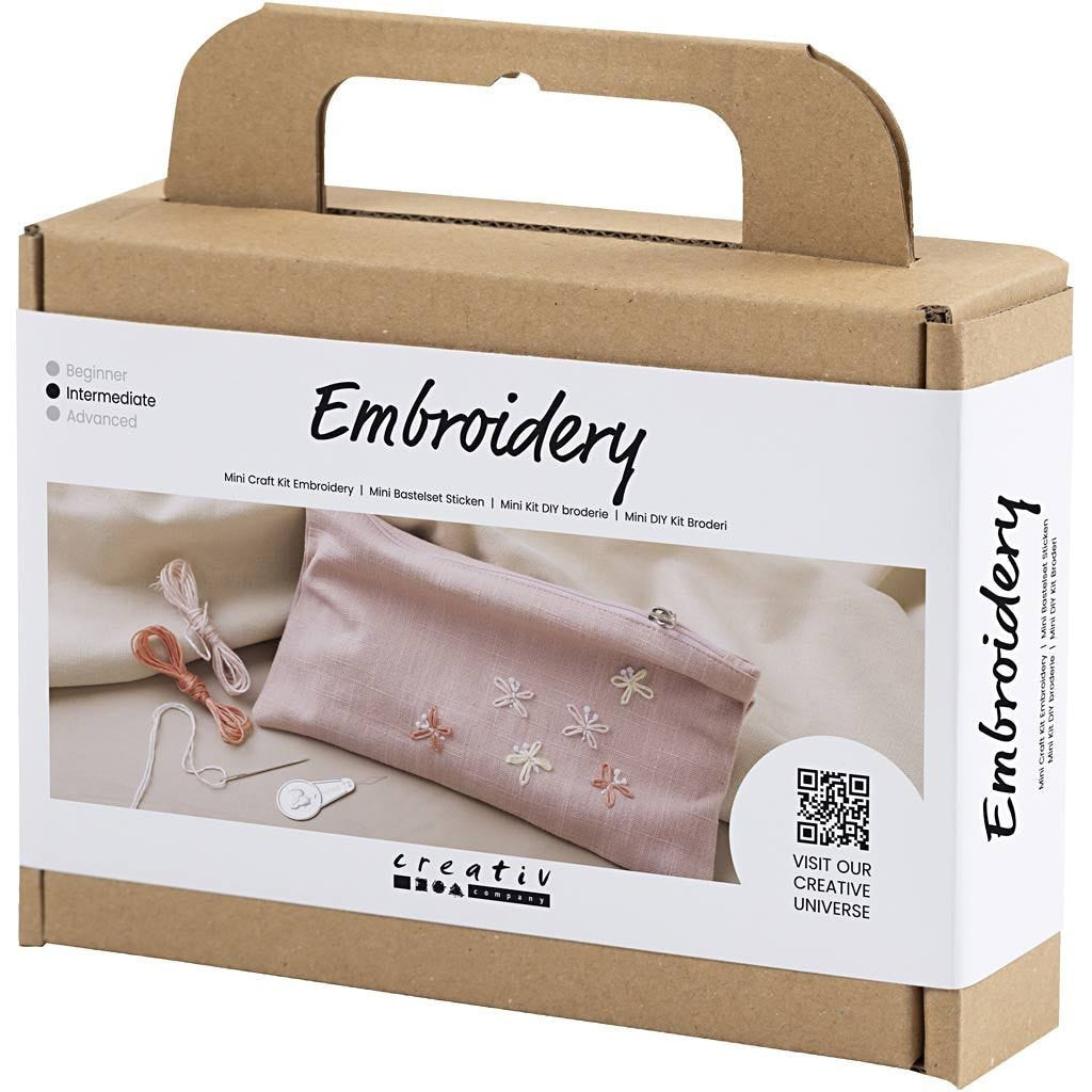 Creativ Company Mini Stick-Set für Kinder – ab 10 Jahren – Baumwolle, Rosa, mit Clutch, Stickgarn & Nadel