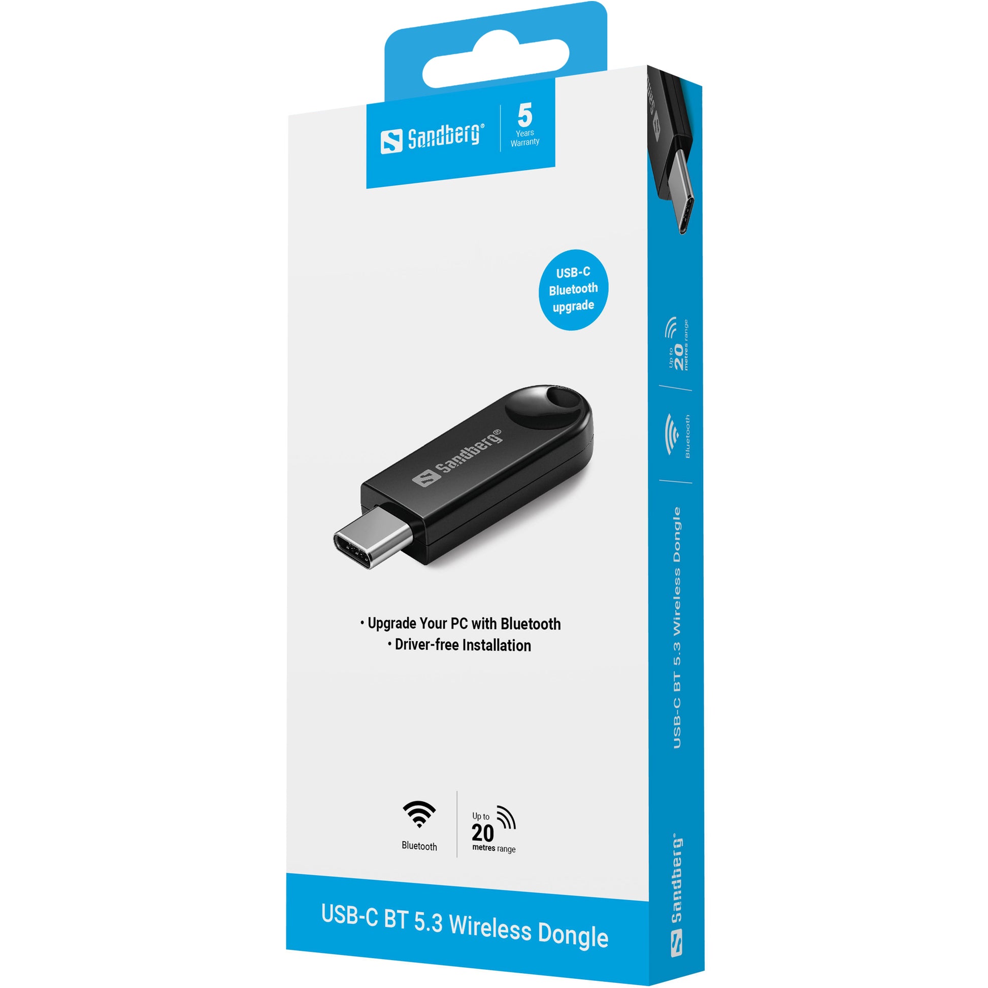 Sandberg 136-69 USB-Bluetooth-Adapter – Bluetooth 5.3, 20 m Reichweite, USB-C (USB 2.0) – für Windows 10/11